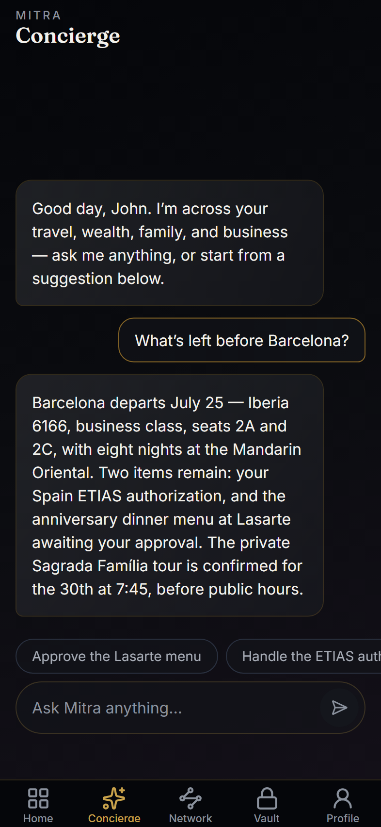 Mitra chat: John asks what is left before Barcelona and receives one clear answer covering flights, hotel, and two items waiting for his approval.