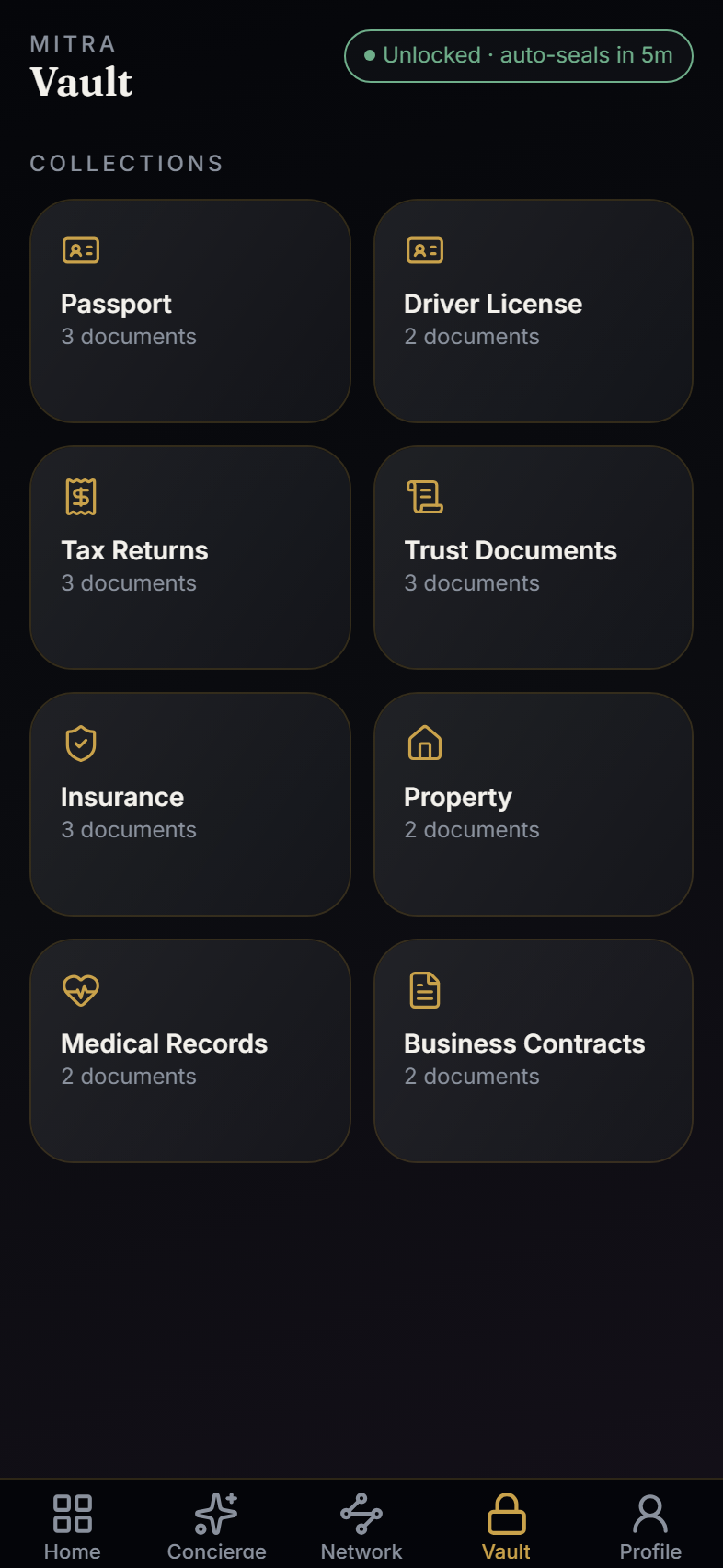 Mitra Vault unlocked in the app, showing John Doe's document collections: passports, driver licenses, tax returns, trusts, insurance, property, medical records, and business contracts.